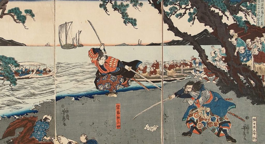 Miyamoto-Musashi-Fights-Sasaki-Kojiro-at-Ganryujima-Ukiyo-e-madeinjapan